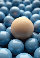 Naklejka premium Wooden ball among blue spheres for singularity concept
