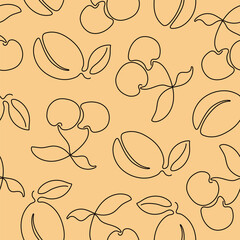 Seamless pattern with continuous one line drawing cherry and plum. Hand drawn berries for fabric,  packaging paper and more.