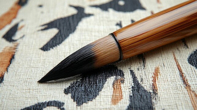 Close-up of a calligraphy brush with wooden handle resting on textured paper with ink strokes.