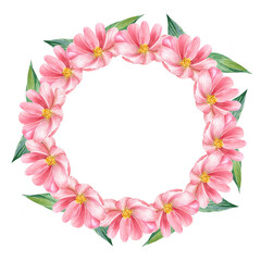 Floral round frame with pink watercolor flowers hand painted. Decorative wreath, for creating cards, invitations, etc.
