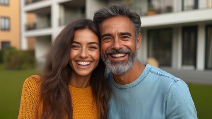 Man and woman are smiling for the camera. The man is wearing a blue shirt and the woman is wearing a yellow sweater. They are both happy and enjoying the moment