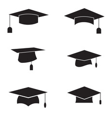 Graduation hat cap icons set. Academic cap. Graduation student black cap and diploma. Graduation cap icon set.