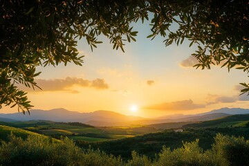 Panoramic View of Rolling Hills and Sunset Sky Through Olive Branches