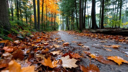Wet forest trail during autumn with fallen colorful leaves and tall trees in a misty morning scene