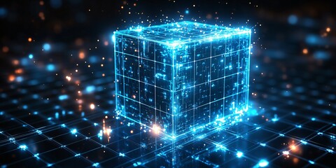futuristic digital cube revealing technology and innovation concept in high-tech environment