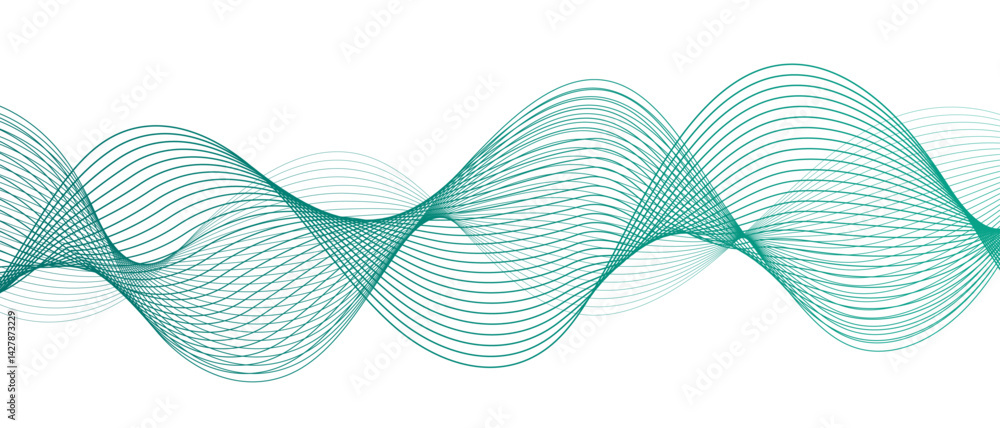Poster Abstract wave pattern composed of translucent teal-green flowing lines. Futuristic, and minimal, evoking themes of technology, data, and sound waves. Gradient and green wave curve lines