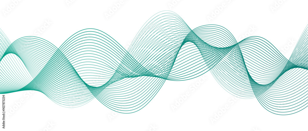 Aufkleber Abstract wave pattern composed of translucent teal-green flowing lines. Futuristic, and minimal, evoking themes of technology, data, and sound waves. Gradient and green wave curve lines