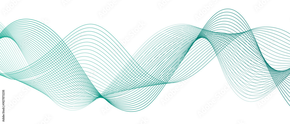 Poster Abstract wave pattern composed of translucent teal-green flowing lines. Futuristic, and minimal, evoking themes of technology, data, and sound waves. Gradient and green wave curve lines