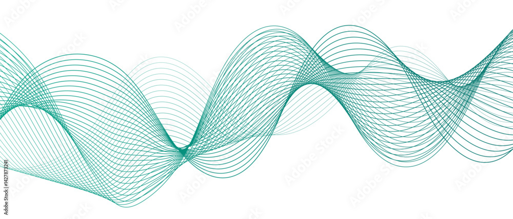 Poster Abstract wave pattern composed of translucent teal-green flowing lines. Futuristic, and minimal, evoking themes of technology, data, and sound waves. Gradient and green wave curve lines