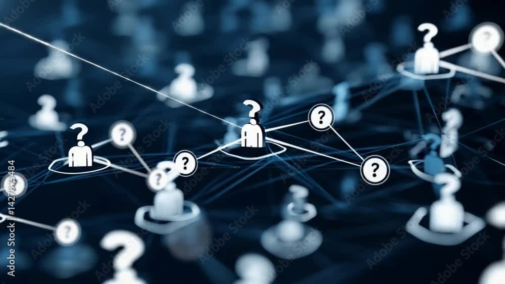 Poster network of curiosity: conceptual artwork with abstract shapes of interconnected users, each with a q