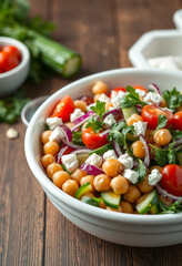 Fresh Chickpea Salad with Feta Cheese, Cherry Tomatoes and Cucumbers