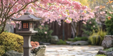A Hanami cherry blossom holiday background in a peaceful Japanese garden.