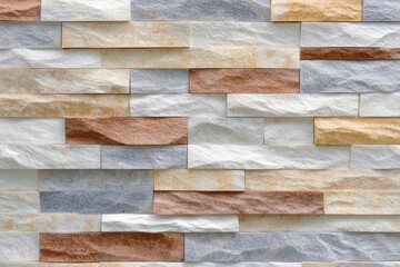 Colorful stone wall cladding.  Textured,  stacked rectangular panels in various shades of beige,  light brown,  and gray.  Close-up view