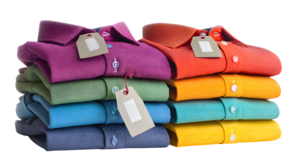 Stack of colorful folded shirts with price tags isolated on white background