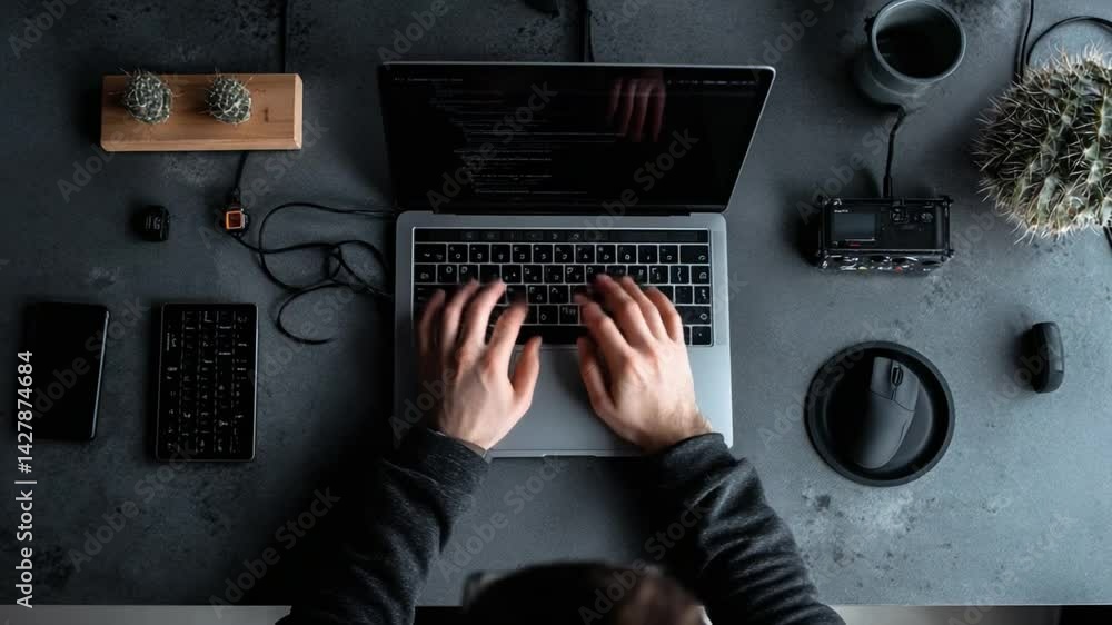 Poster tech workspace: a top-down perspective of a modern tech workspace, showcasing a laptop at its core, 