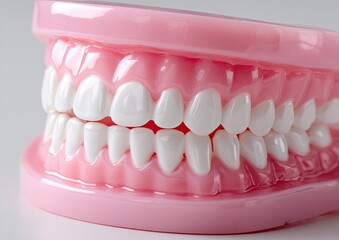 A pink plastic model of an open mouth with white teeth