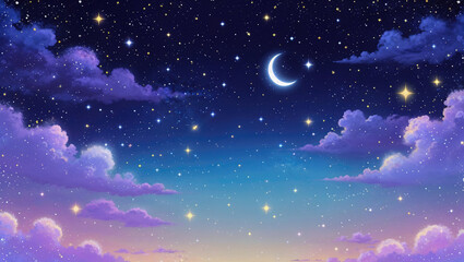 雲の向こうに見える星空と月、夜景