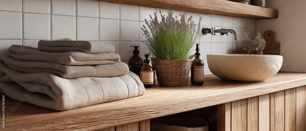 Poster bathroom countertop with a stack of folded towels on it. the towels are beige in color and appear to