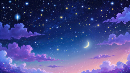 雲の向こうに見える星空と月、夜景