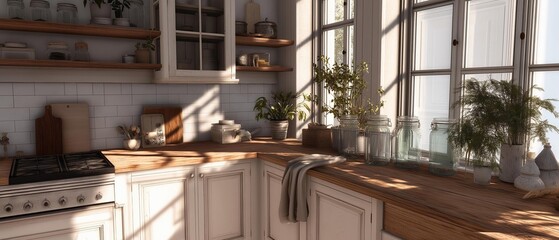 Obraz premium Modern kitchen with white cabinets and a wooden countertop. the countertop is made of light-colored wood and has several glass jars and potted plants on it.
