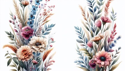 Watercolor floral vertical background with soft botanical elements