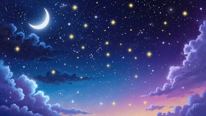 雲の向こうに見える星空と月、夜景