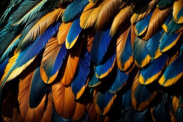 Obraz premium Abstract background colorful of blue and gold bird feathers exotic natural