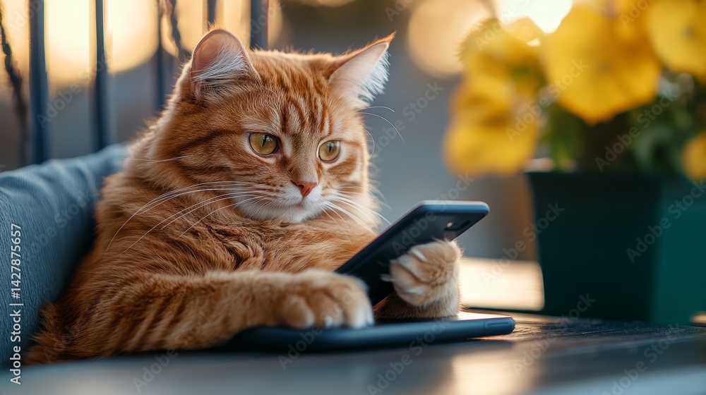 Poster cat is sitting on a bench and looking at a cell phone. the cat appears to be curious about the phone