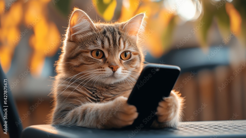 Poster cat is sitting on a table and holding a cell phone in its paws. the cat appears to be focused on the