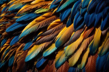 Obraz premium Abstract background colorful of blue and gold bird feathers exotic natural