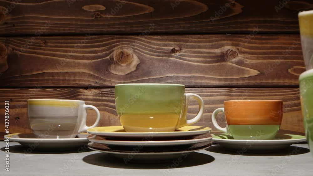 Poster cups and plates arranged on a wooden table showcasing vibrant colors and unique patterns