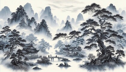 Chinese style ink and wash landscape with splashing white textures