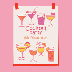 Colorful cocktail party poster with various drink illustrations and text Fun and festive design perfect for summer and celebration themes. Vector illustration