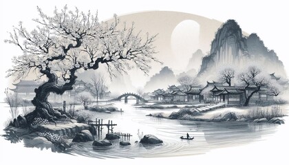 Chinese style ink and wash landscape with splashing white textures