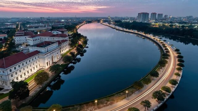 Stunning Aerial View of a Serpentine River Bordered by Lush Trees and Urban Landscape at Dusk in a Vibrant City