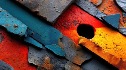Close-up of colorful spray-painted rusted metal sheets with textured cracked paint and vibrant rusty hues