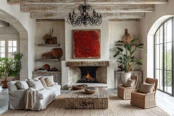 Rustic coastal farmhouse living room with vintage sofa, wicker armchair, black chandelier, and fireplace made from wooden planks and stone.
