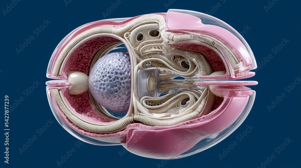 Poster ivf and science concept, detailed illustration of a mechanical mechanism with intricate components.