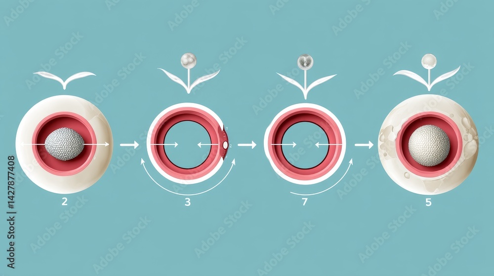 Poster ivf and science concept, illustration showing sequential steps of a mechanical process with circular