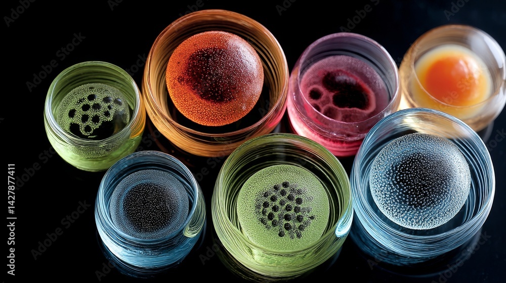 Poster ivf and science concept, colorful glassware with intricate patterns arranged artistically on a dark 