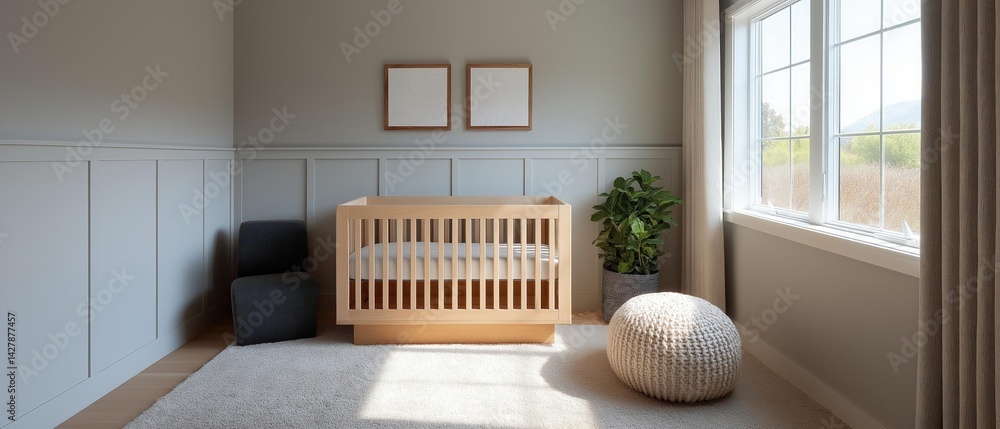 Poster modern nursery room with a large window on the right side. the window has white curtains and offers 
