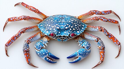 vibrant blue spider crab with red eyes and spotted legs on white background