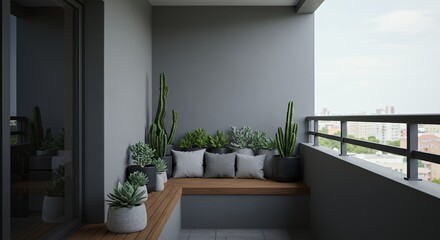 Serene Balcony Oasis: Modern Minimalist Design with Succulents and City Views