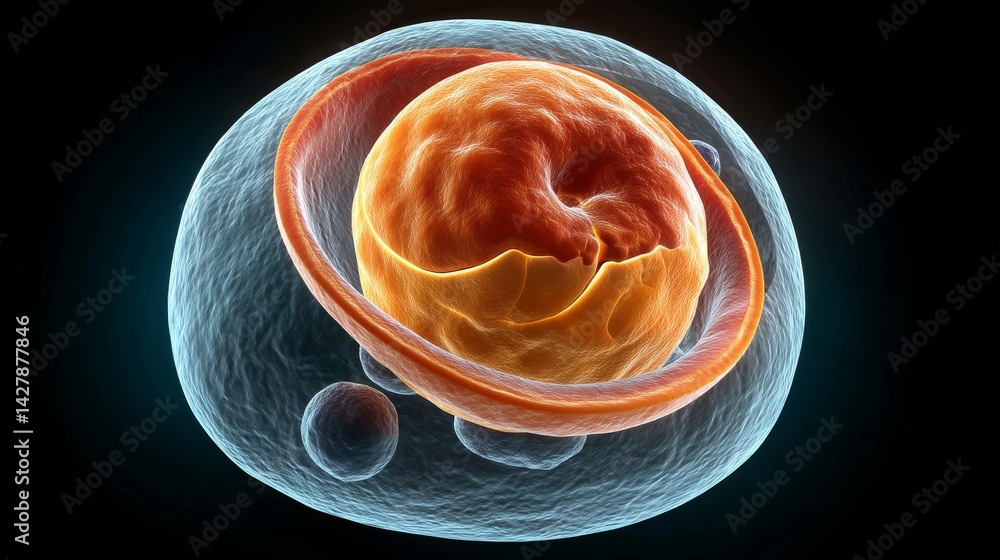 Poster ivf and science concept, 3d illustration of a cell structure with colorful organelles and a nucleus.