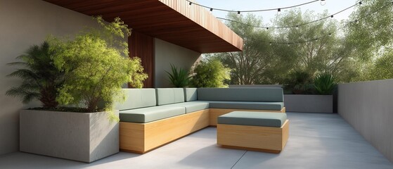 Modern outdoor seating area on a concrete patio. the patio has a wooden pergola attached to the wall on the left side, providing shade from the sun.