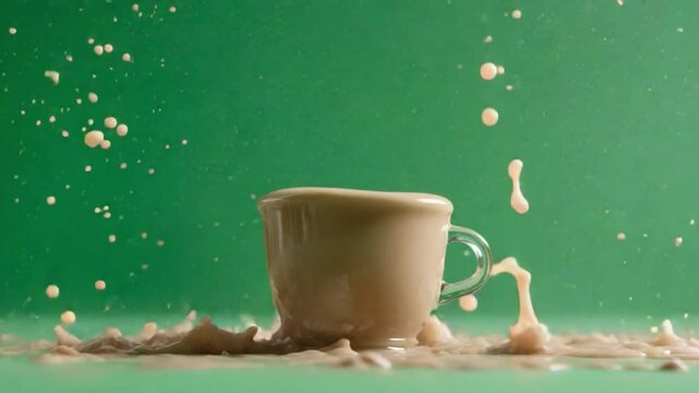 Coffee Spillage: A coffee cup tipping over, resulting in a captivating splash, with the rich brown liquid cascading and creating dynamic patterns against the backdrop.