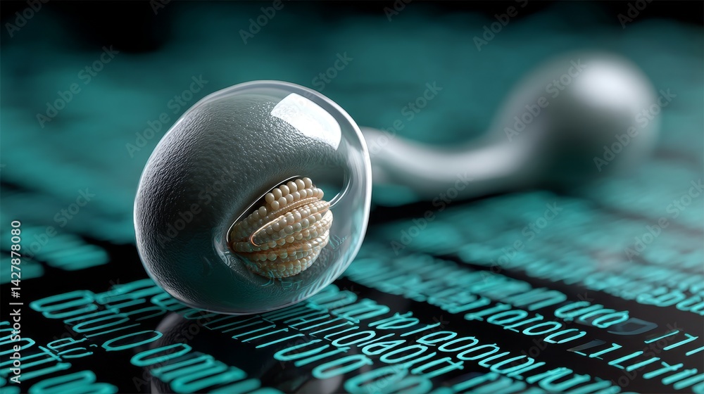 Poster ivf and science concept, abstract macro shot of a glass object on a digital backdrop.