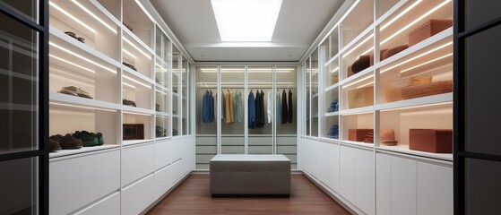 Modern and luxurious walk-in closet with white cabinets and glass doors. the closet has a high ceiling with a skylight, allowing natural light to enter the space.