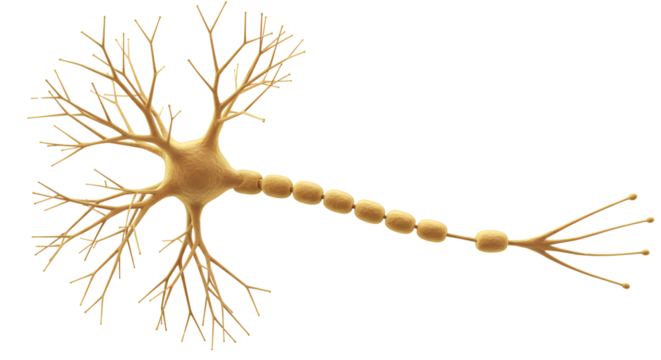 A Detailed 3D Illustration of a Human Neuron Cell with Axon and Dendrites on White Background