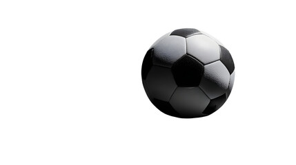 Black and white soccer ball resting on a black surface under spotlight